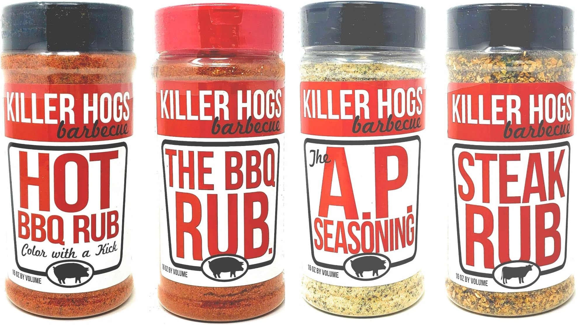 Barbecue Rub Variety Pack - Hot BBQ, Steak Rub, A.P. Seasoning, and Original BBQ Rub - Pack of 4 Bottles - 48 oz Total - Bulk Killer Hogs Barbecue Seasoning
