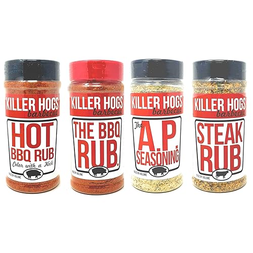Killer Hogs Paquete variado de barbacoa – barbacoa caliente, bistec, condimento A.P. y original BBQ Rub – Paquete de 4 botellas – 48 oz en total –
