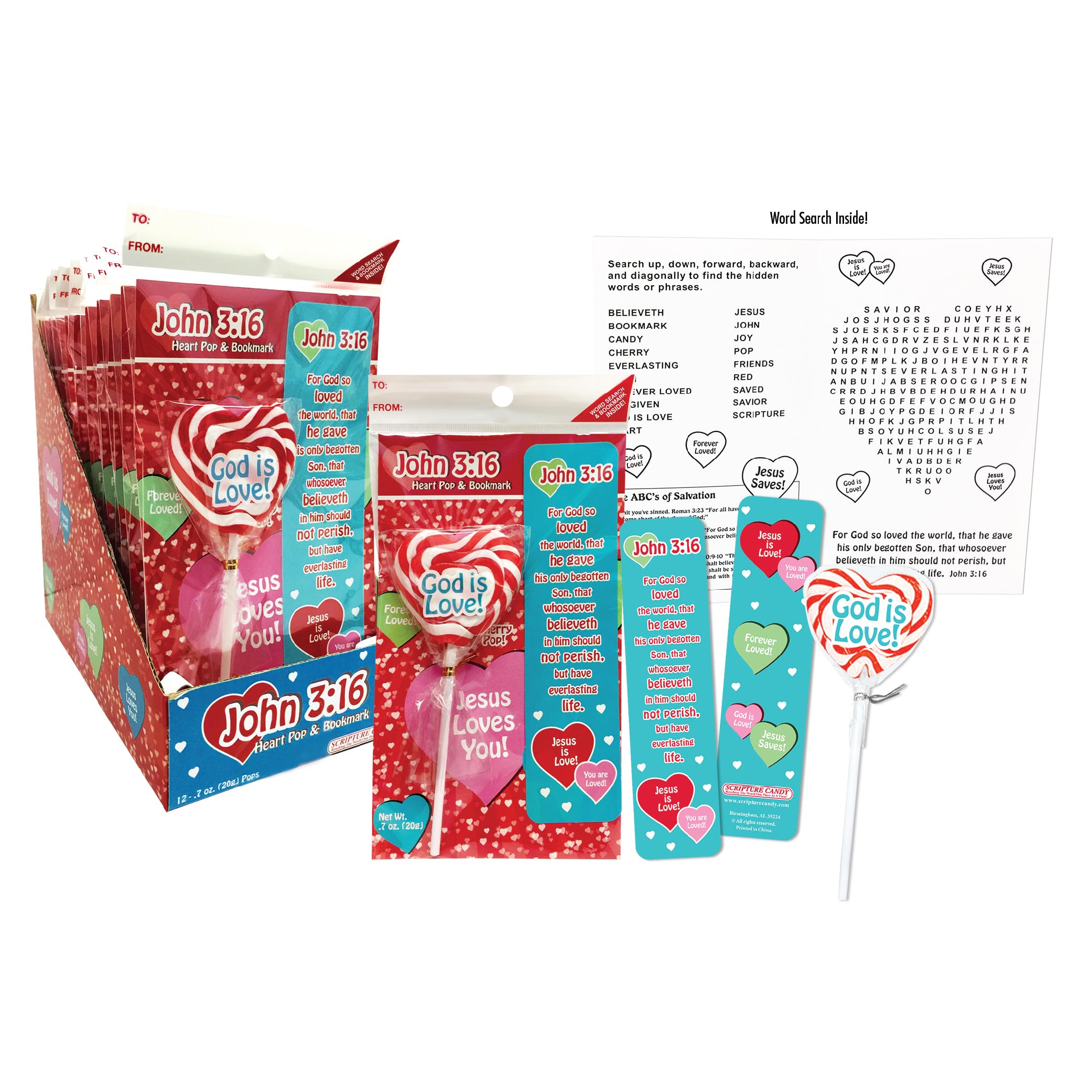 John 3:16 Cherry Flavored Heart Pop, Bookmark & Activity Set, 12 Count