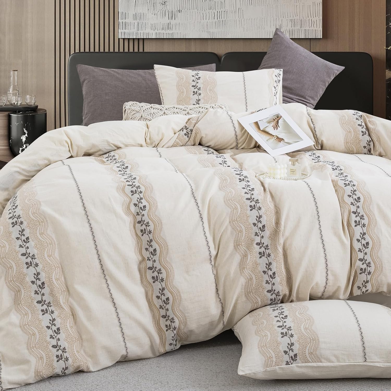 Linen Cotton Duvet Cover Queen Size, Beige Boho Textured, Soft Breathable Bedding Set for All Season - 1 Duvet Cover 90x90 Inches with Zipper Closure, 2 Pillowcases