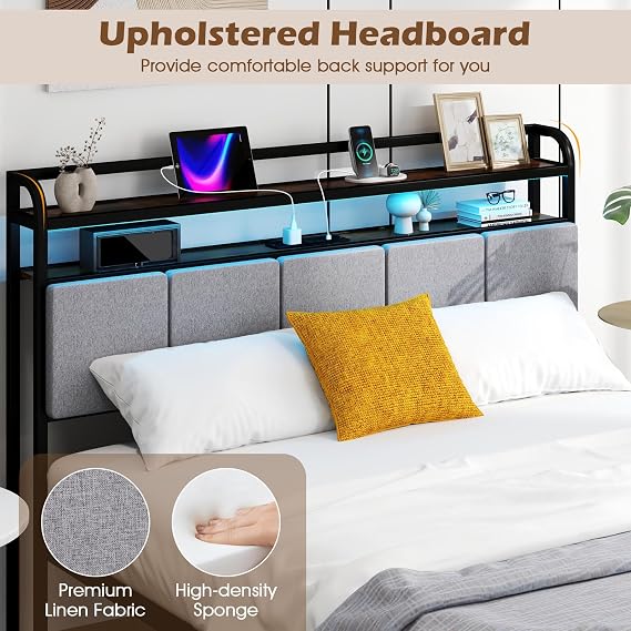 COSTWAY Single/Double/King Size Bed Frame with RGB LED Lights, Charging Station and Upholstered Storage Headboard, Industrial Metal Slats Support Platform Bed Base Mattress Foundation (5FT King)