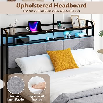 COSTWAY Single/Double/King Size Bed Frame with RGB LED Lights, Charging Station and Upholstered Storage Headboard, Industrial Metal Slats Support Platform Bed Base Mattress Foundation (5FT King)