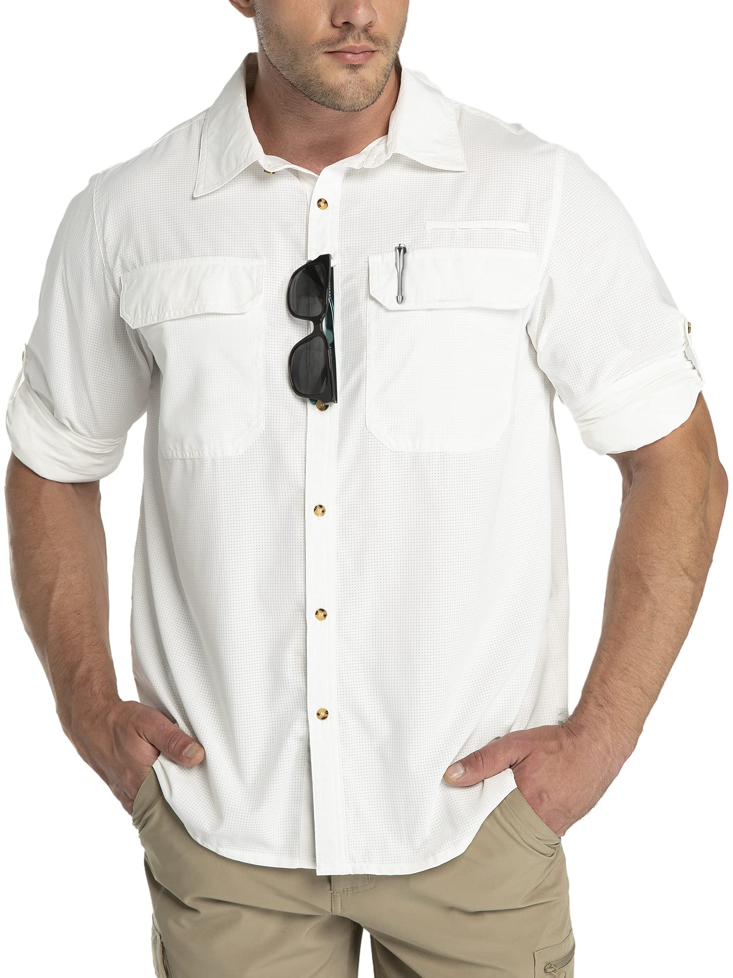 Outdoor Ventures Camisa de manga larga para hombre, camisa funcional para exteriores, de secado rápido, informal, transpirable, Blanco, M