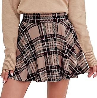 – Women's Skirts Stretchy High Waist Pleated Casual Mini Skater Skirts with Shorts