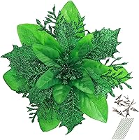 Vista 13 de GREENTIME 12 flores de Pascua artificiales con purpurina de 5.5 pulgadas, tallos de Navidad, con clips, adornos para árbol de Navidad para Campeón