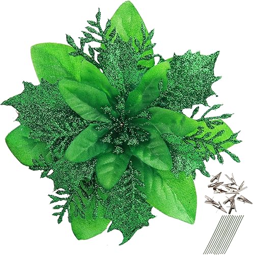 Miniatura 1 de GREENTIME 12 flores de pascua artificiales con purpurina de 5.5 pulgadas, flores de Navidad con clips, tallos de árbol de Navidad para decoración de