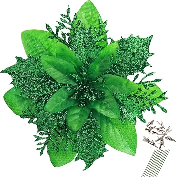 GREENTIME 12 Pcs Green Glitter Poinsettia 5.5" Artificial Flowers Christmas