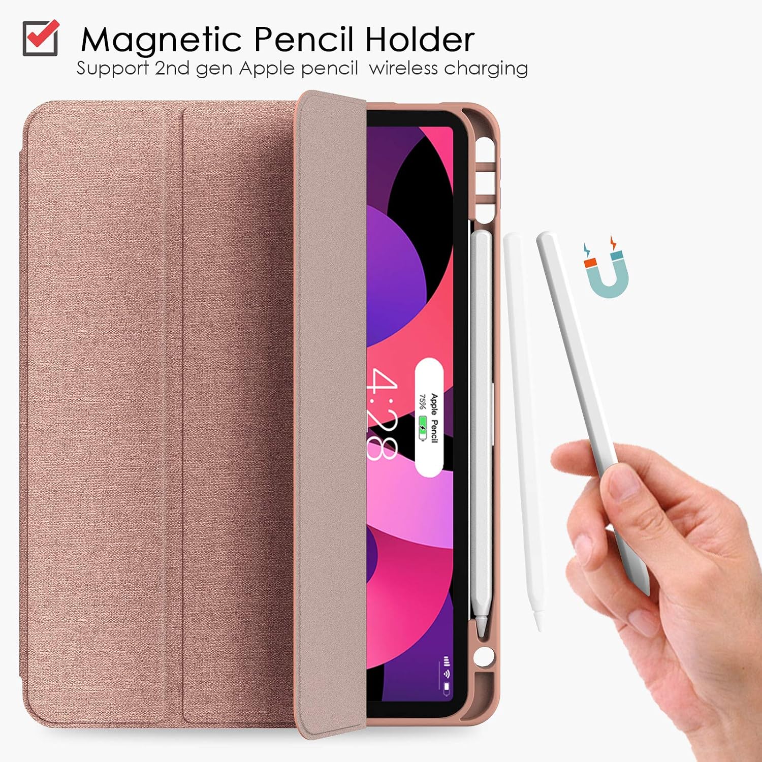 Supveco iPad Air 5th/4th Generation Case 2022/2020, iPad 10.9 Inch Cover with Pencil Holder, [Support 2nd Apple Pencil Charging+Touch ID] Trifold Stand Case with Soft TPU Back, Rose Gold