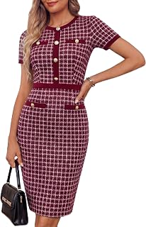 Women Summer Work Dress 2026 Short Sleeve Bodycon Tweed Dresses Button Knee Length Pencil Business Causal Outfits