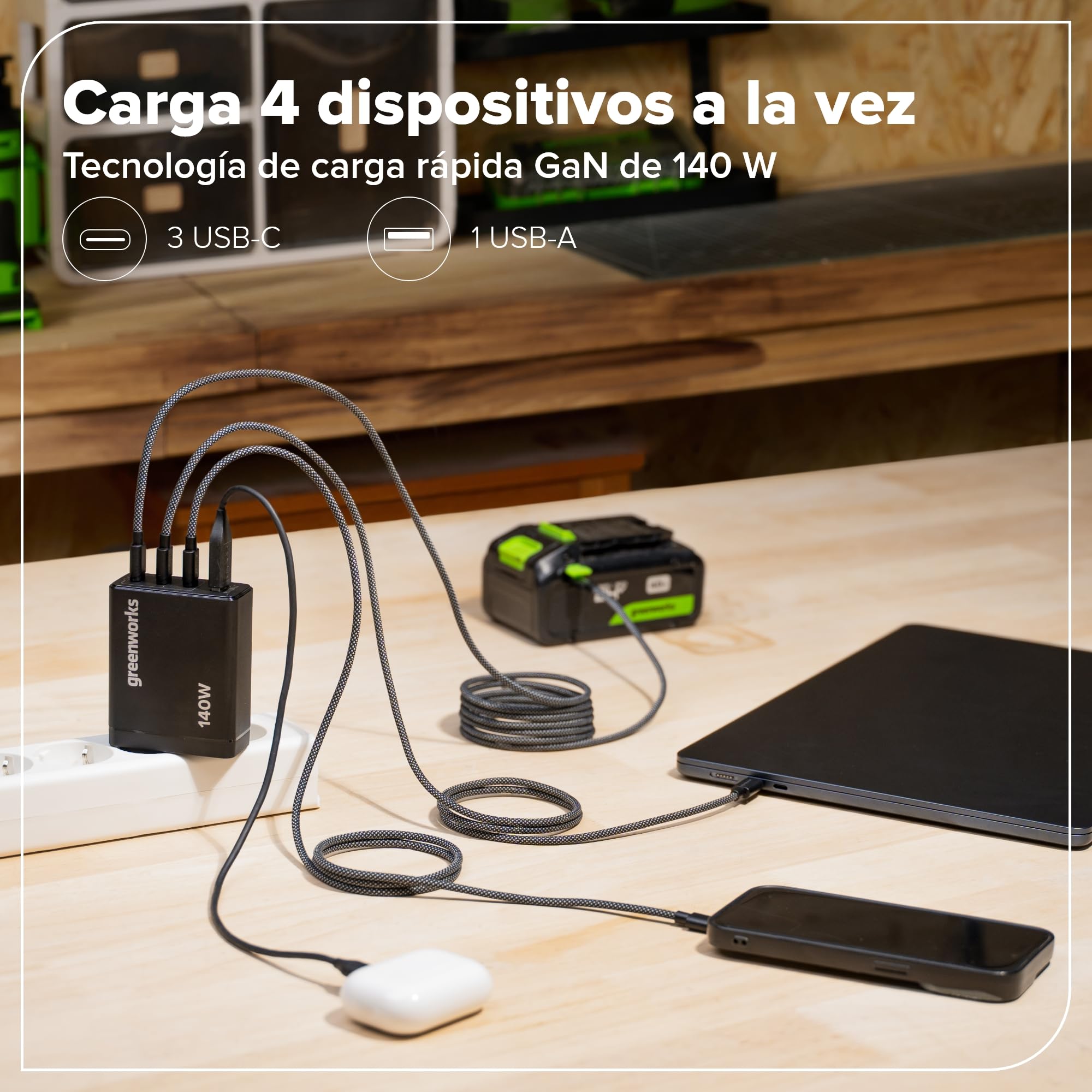 Greenworks Cargador USB C rápido 140 W Pod de 4 Puertos PPS, Fuente de alimentación compacta USB C para MacBook Pro/Air, iPad Pro, Galaxy S20, Note 20, iPhone 17 Pro MAX, Garantía de 3 años -AP140EA
