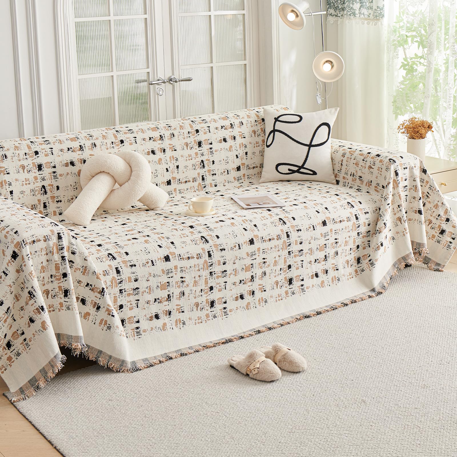 DREAMINGO Beige Couch Cover Chenille Sofa Covers for 3 Cushion Couch Black Coffee Herringbone Jacquard Pet Sofa Slipcover for Dogs Washable Throw Couch Cover Futon Sectional Covers, 71"x134" โ image 1