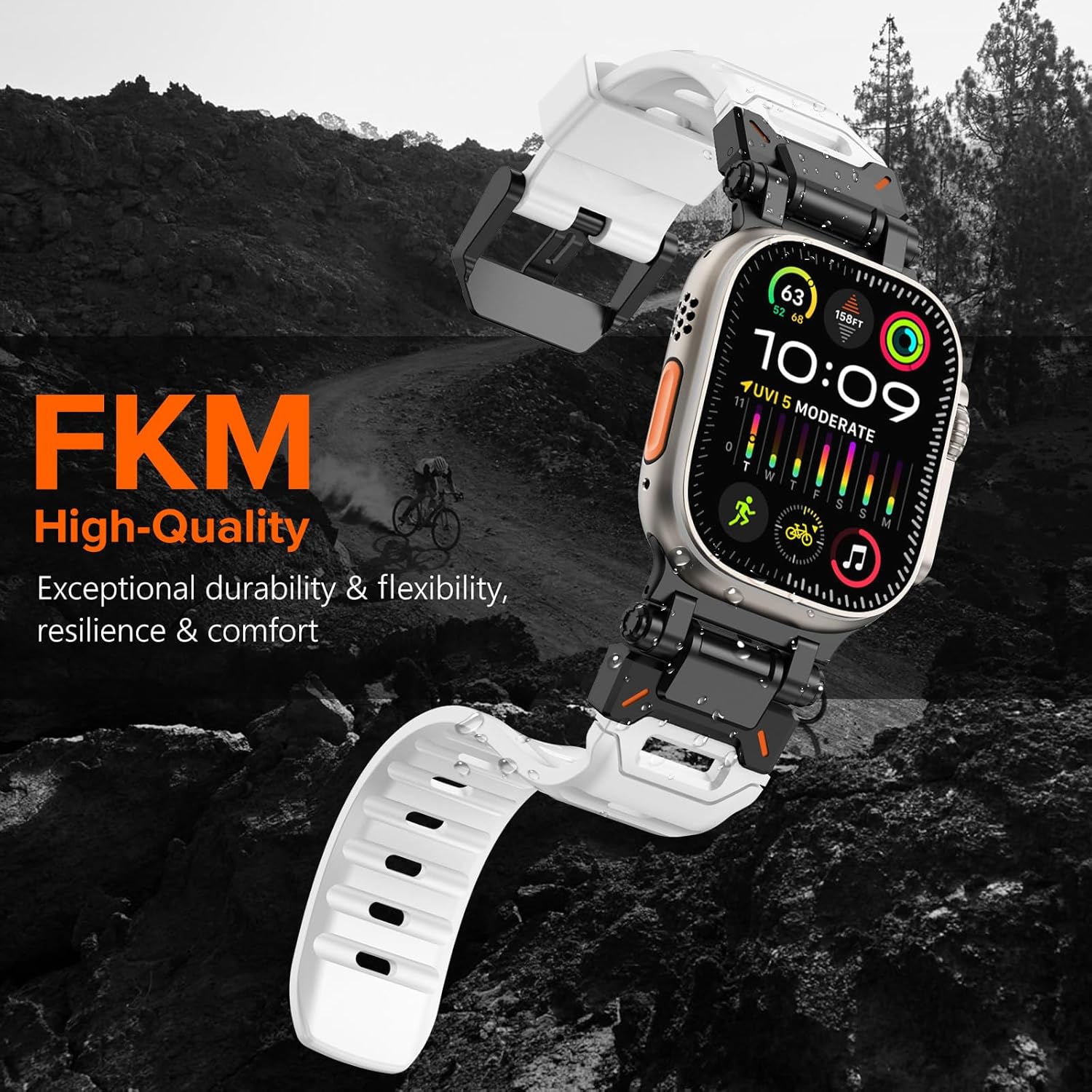 WINGLE FKM Rubber Bands for Apple Watch Band Ultra 3/2/1 Band Ultra 49mm Series 11 10 46mm 45mm 44mm 42mm SE 3/2/1 9 8 7 6 5 4 3 Men, Military Rugged Metal Connector Silicone iWatch Sport Bands, White - Image 2