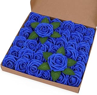 BLEUM CADE 36Pcs Artificial Flowers Fake Roses with Stems, Royal Blue Boxed Foam Roses for DIY Bouquets Centerpieces Wedding Party Arrangement Bridal Shower Decor