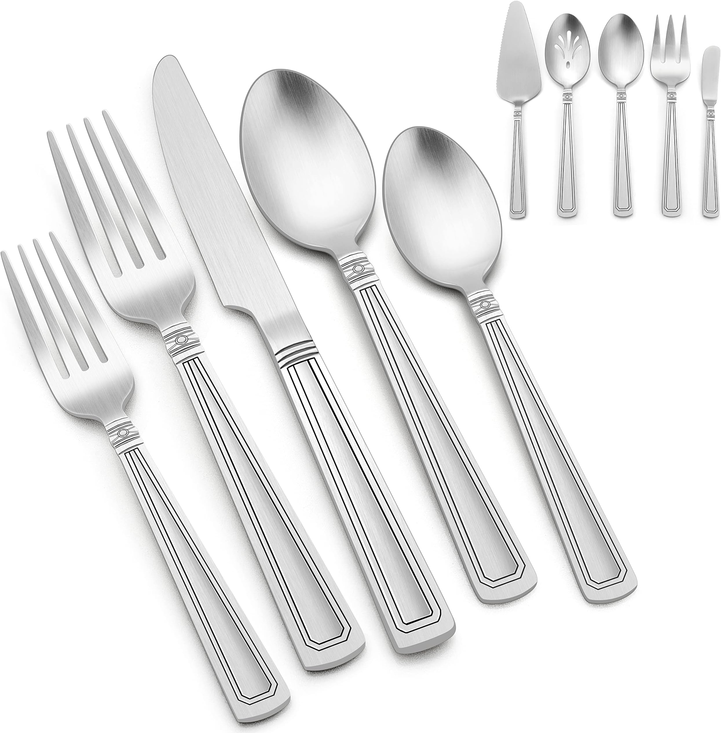45-Piece Heavy Duty Silverware Set, E-far Stainless Steel Flatware Cutlery Set with Serving Utensils Service for 8, Antique Metal Tableware Eating Utensils for Kitchen Restaurant, Dishwasher Safe