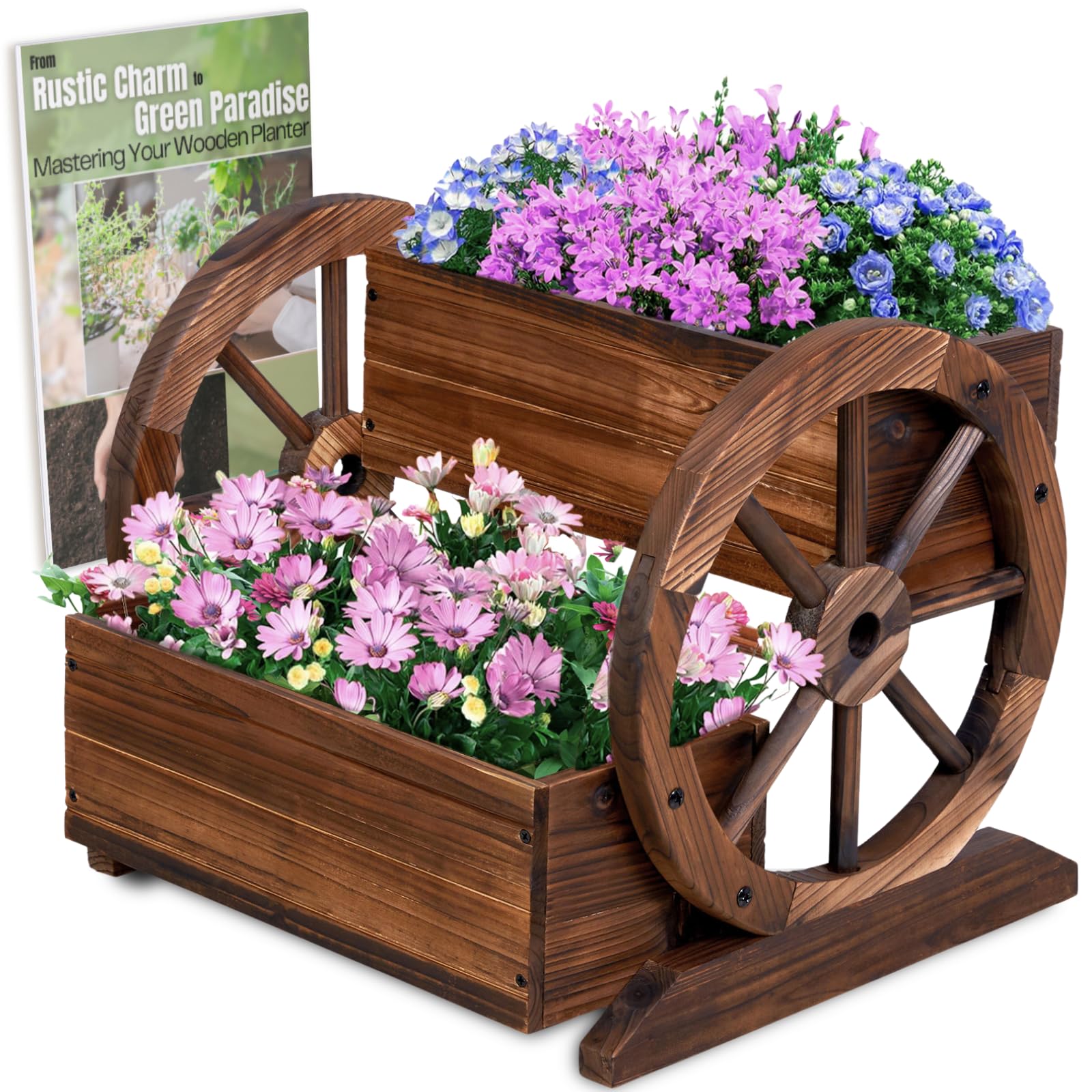 Wood Wagon Planter Box, Garden Planter with Wheels, Decorative Planter for Flowers Herbs Vegetables for Indoor & Outdoor Décor, Wagon Wheel Decor for Patio Garden Balcony