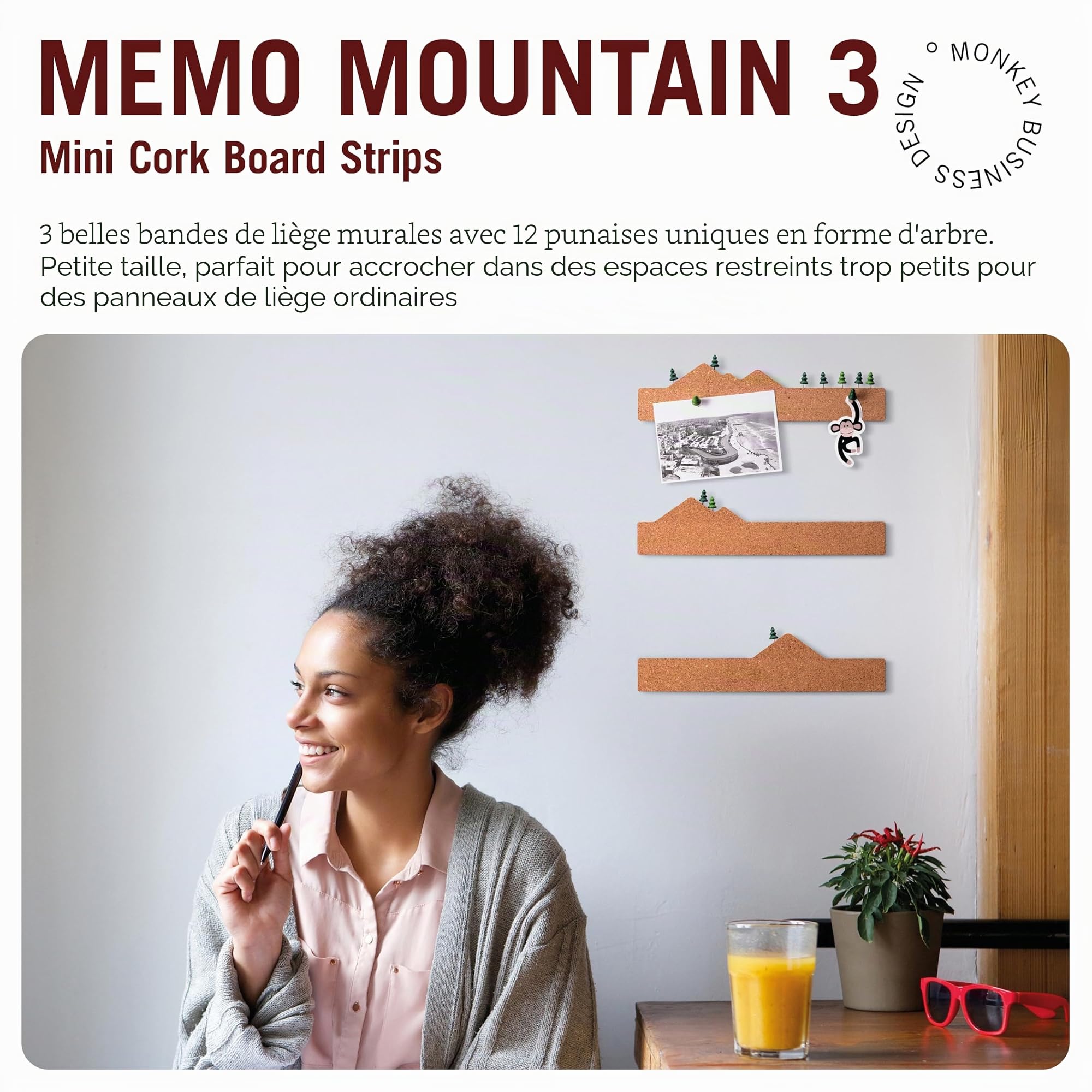 Monkey Business Memo Mountain Bandes de tableau en liège – Tableau d'affichage avec punaises scène de montagne, accessoires de bureau, jolis tableaux en liège pour murs (Memo Mountain 3)