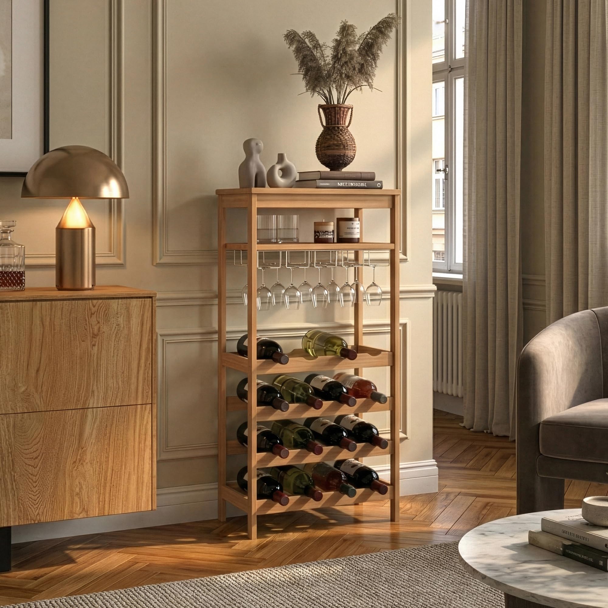 [en.casa] Cantinetta Mobile Portavino per 16 Bottiglie Scaffale Porta Bottiglie da Vino con Portabicchieri e Scomparto Aperto Soggiorno Sala da Pranzo 100 x 47 x 29 cm in Bambù Naturale