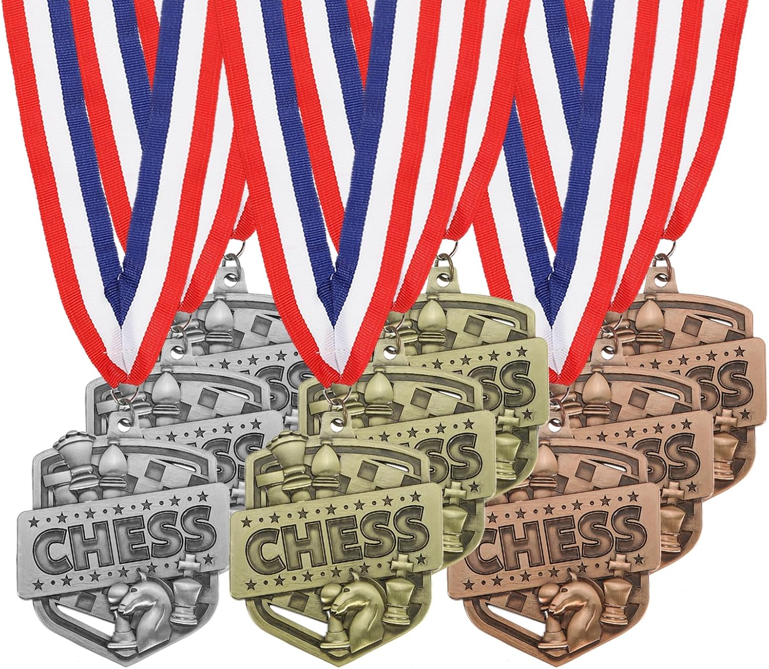 PATIKIL Chess Tournament Gold Silver Bronze Award Medals with Red & White & Blue Ribbons, 9 Pcs Winner Medals Prizes for Competitions Sports Party, Gold/Silver/Red