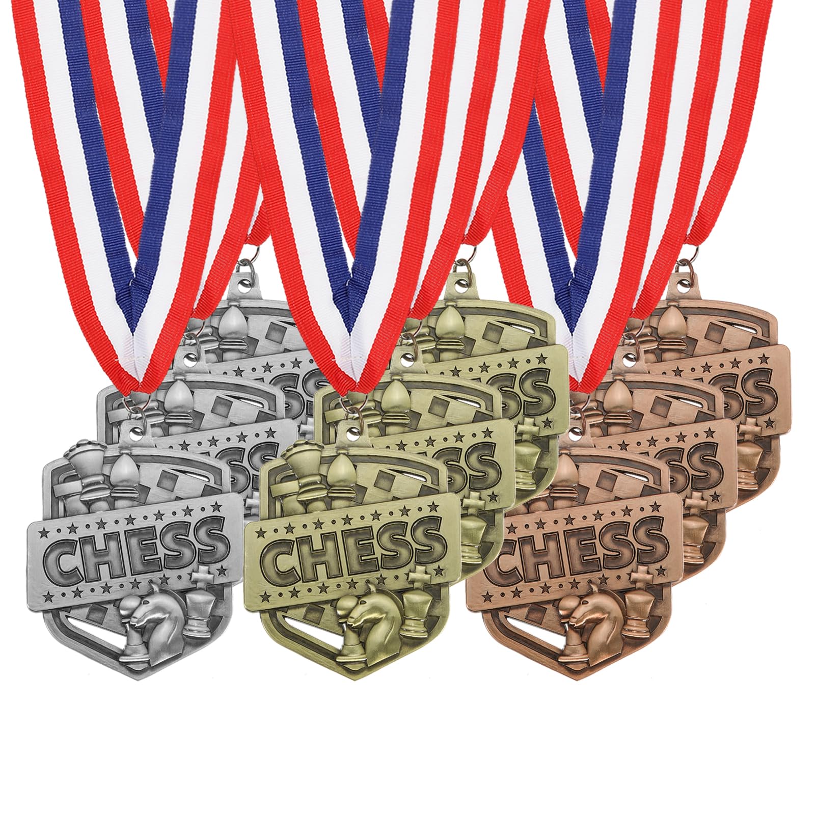 PATIKIL Medallas de Oro, Plata y Bronce para Torneos de Ajedrez con Cintas Rojas, Blancas y Azules, 9 Piezas de Medallas de Ganador para Competencias, Fiestas, Oro/Plata/Rojo