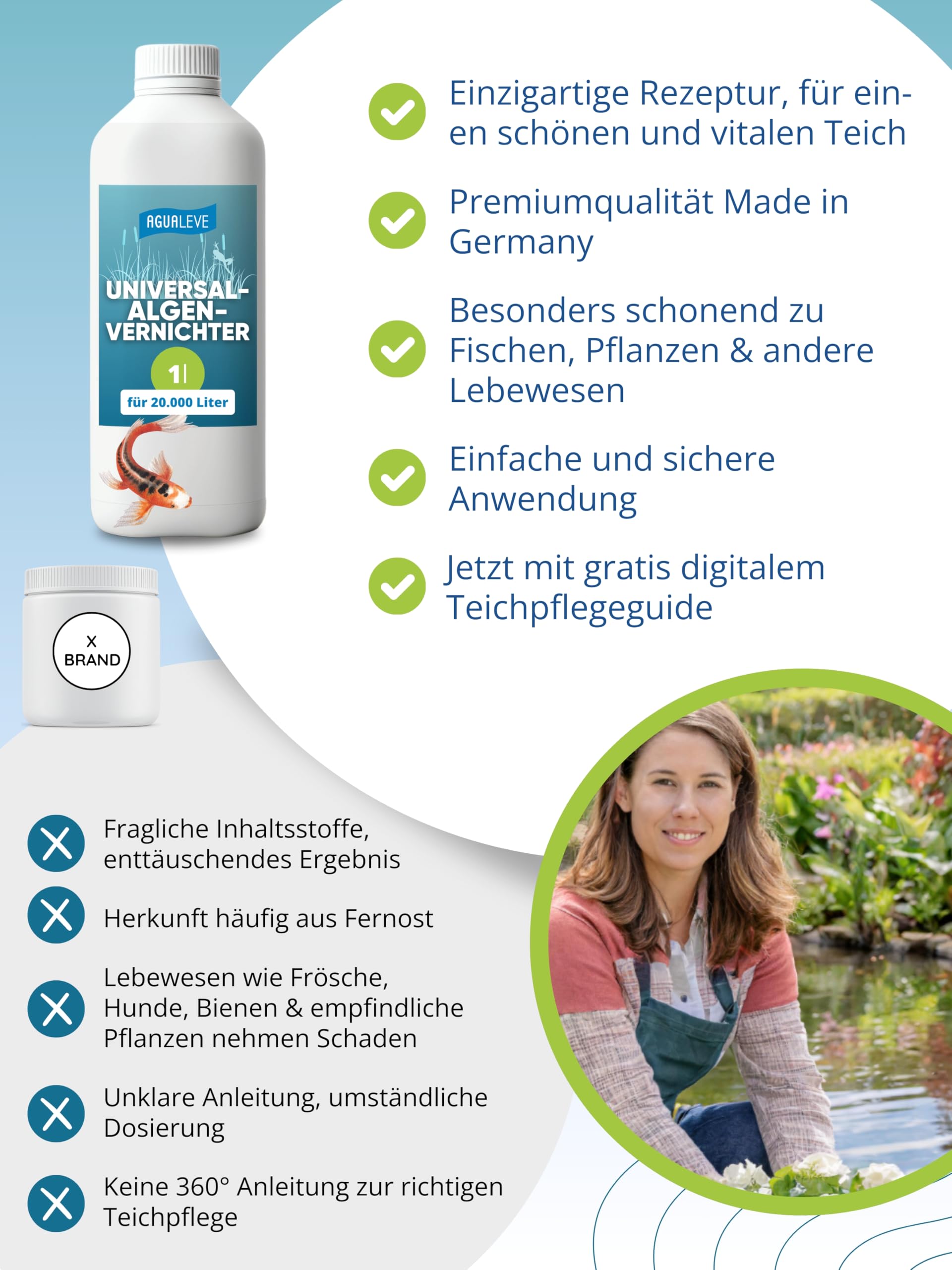AGUALEVE® Universal-Algenvernichter 1l *NEU* | effektiv gegen alle Arten von Teichalgen mit innovativer Solar-Guard-Formel | Fisch-, Garten- & Schwimmteiche | Made in Germany | 20.000l Teichwasser
