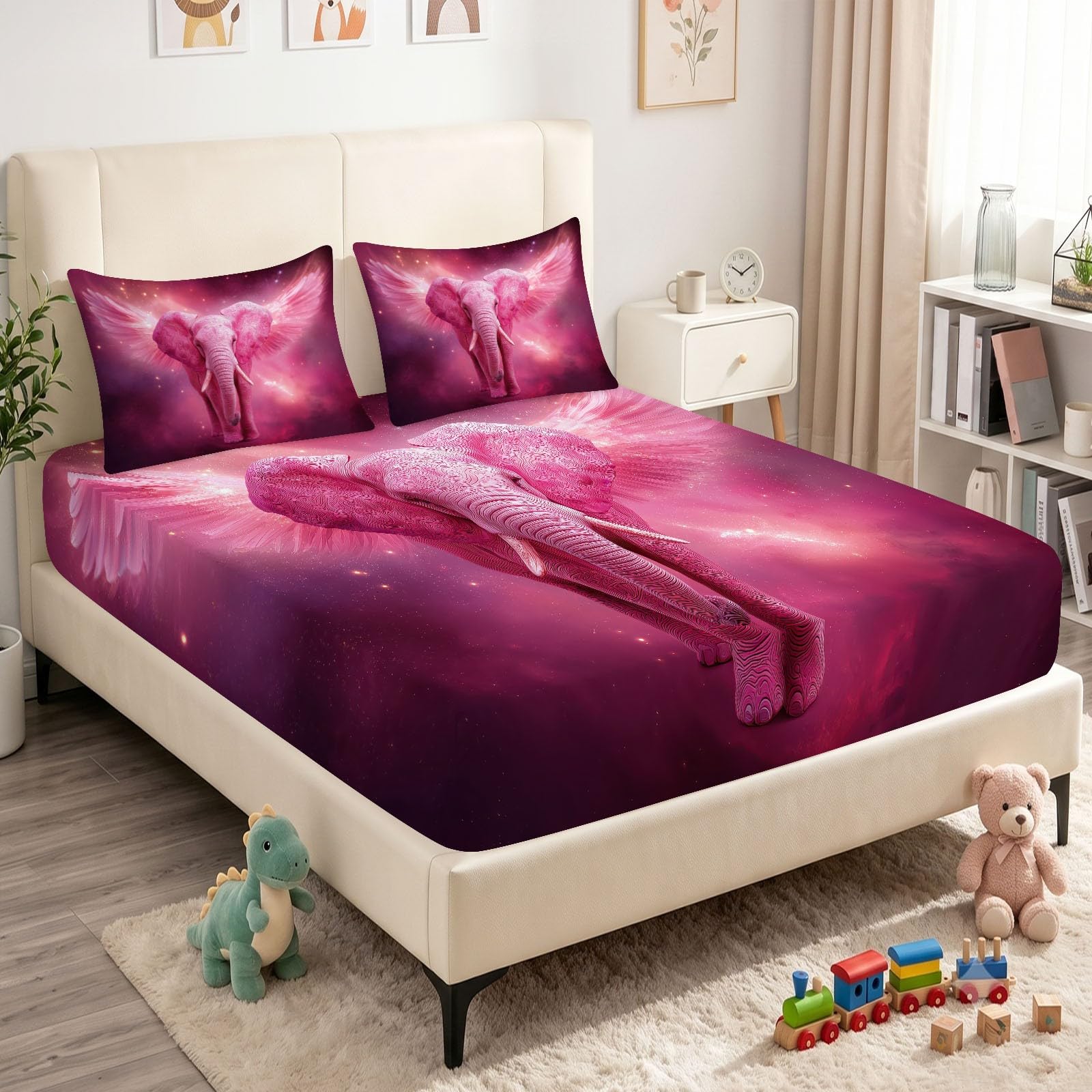 Juego de sábanas bajeras ajustables de 3 piezas, 160 x 200 cm, diseño de elefante, de microfibra, romántica, de color rosa, suave y agradable a la piel, transpirable, hipoalergénica, para colchones de