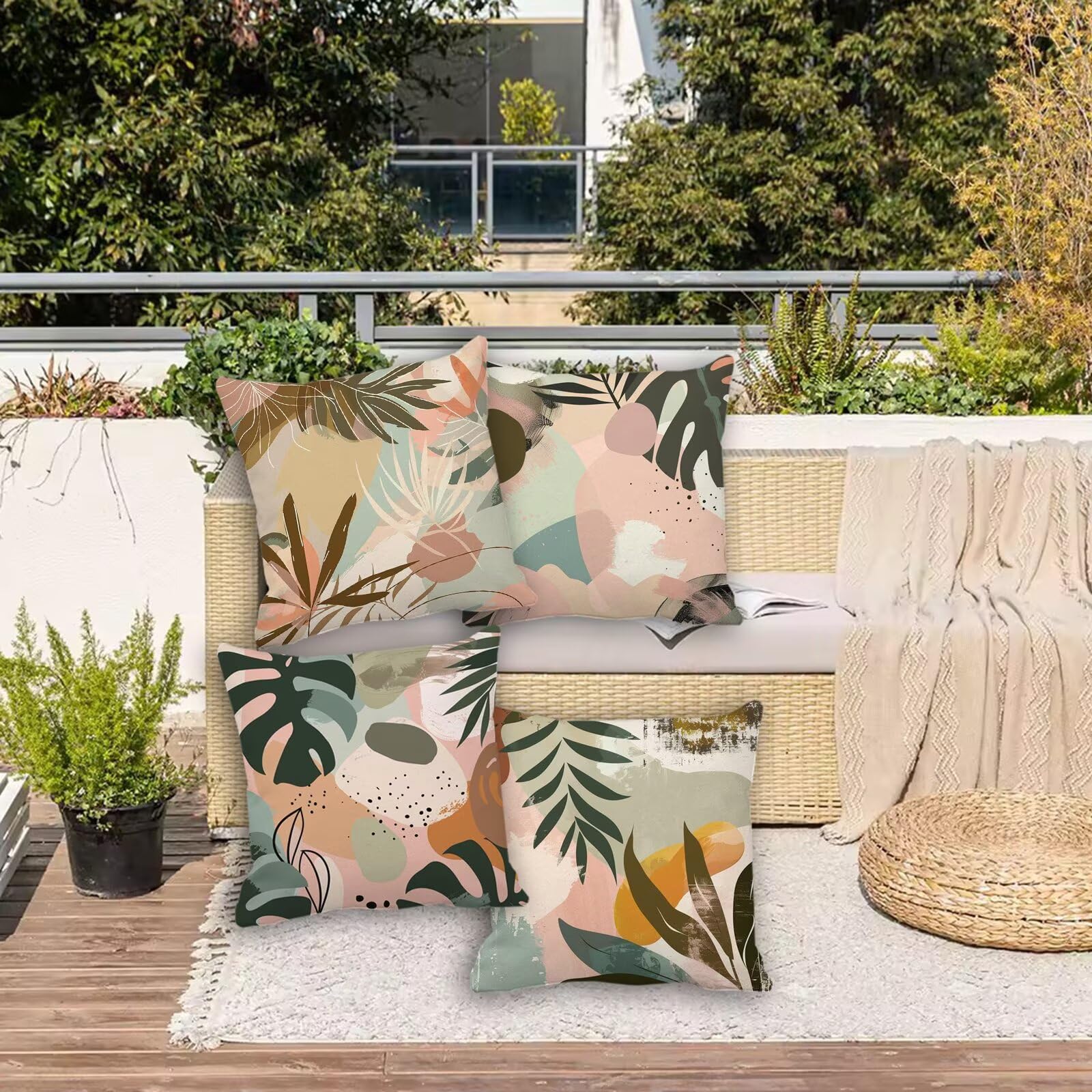 Juego de 4 cojines impermeables para exteriores, 28 x 28 pulgadas, fundas de almohada decorativas de doble cara para patio, jardín, sala de estar, sofá y cama de verano, diseños elegantes de plantas