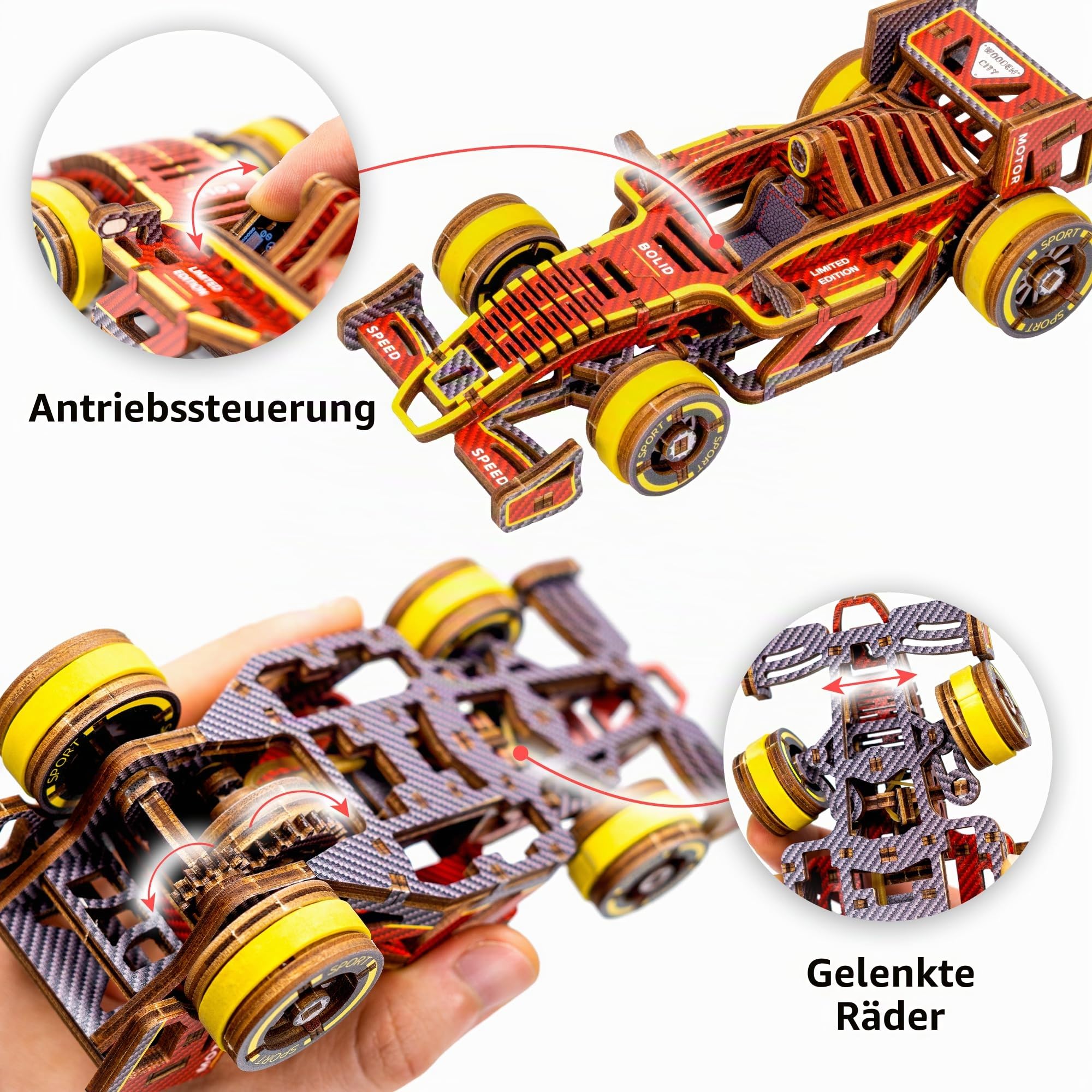 WOODEN.CITY Bolid Limited Edition - 3D-Holz Rennwagen Formel 1, Holzpuzzle Erwachsene, Modellauto Bastelset, Laser Cut 3D Puzzle, Bausatz Erwachsene, Modellbausatz, Holzbausatz