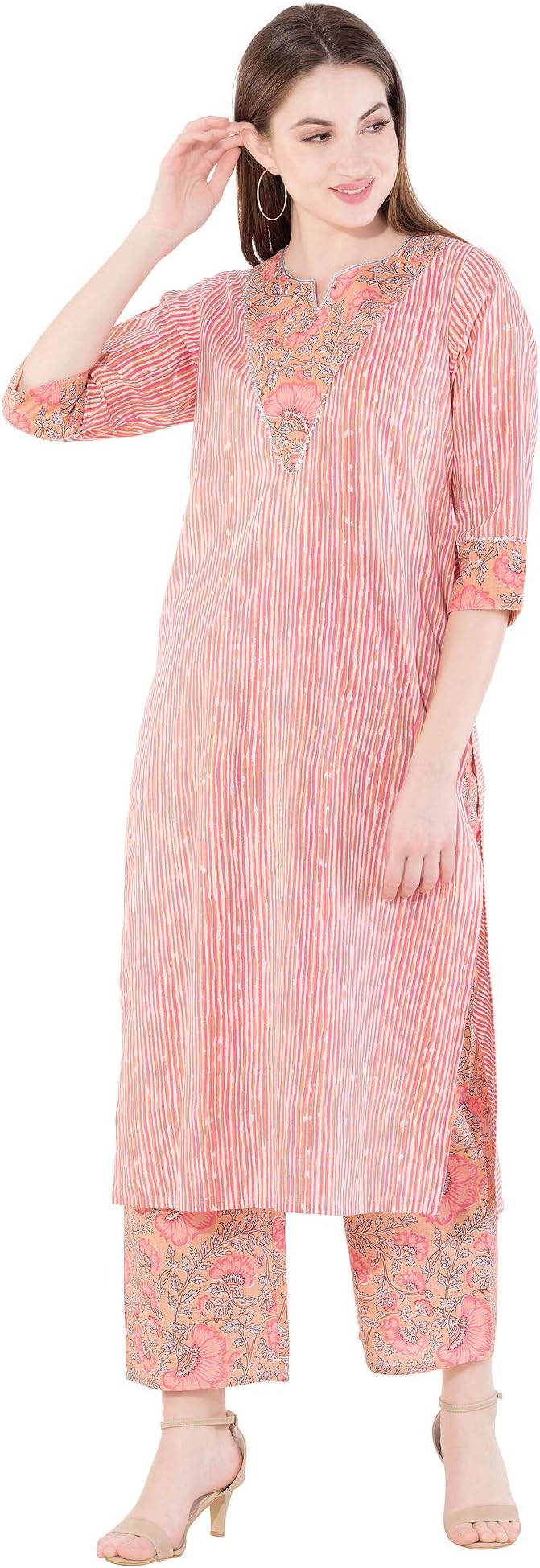 Women's Stripes Printed Cotton Kurta With Gota Patti Work And Floral Printed Palazzo Pant Set, Pink_Medium