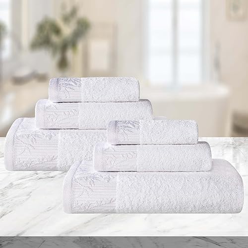Miniatura 2 de Superior Juego de toallas de algodón de 6 piezas, borde Dobby jacquard floral, secado rápido, baño decorativo, ducha, bañera, incluye 2 cuerpos, 2