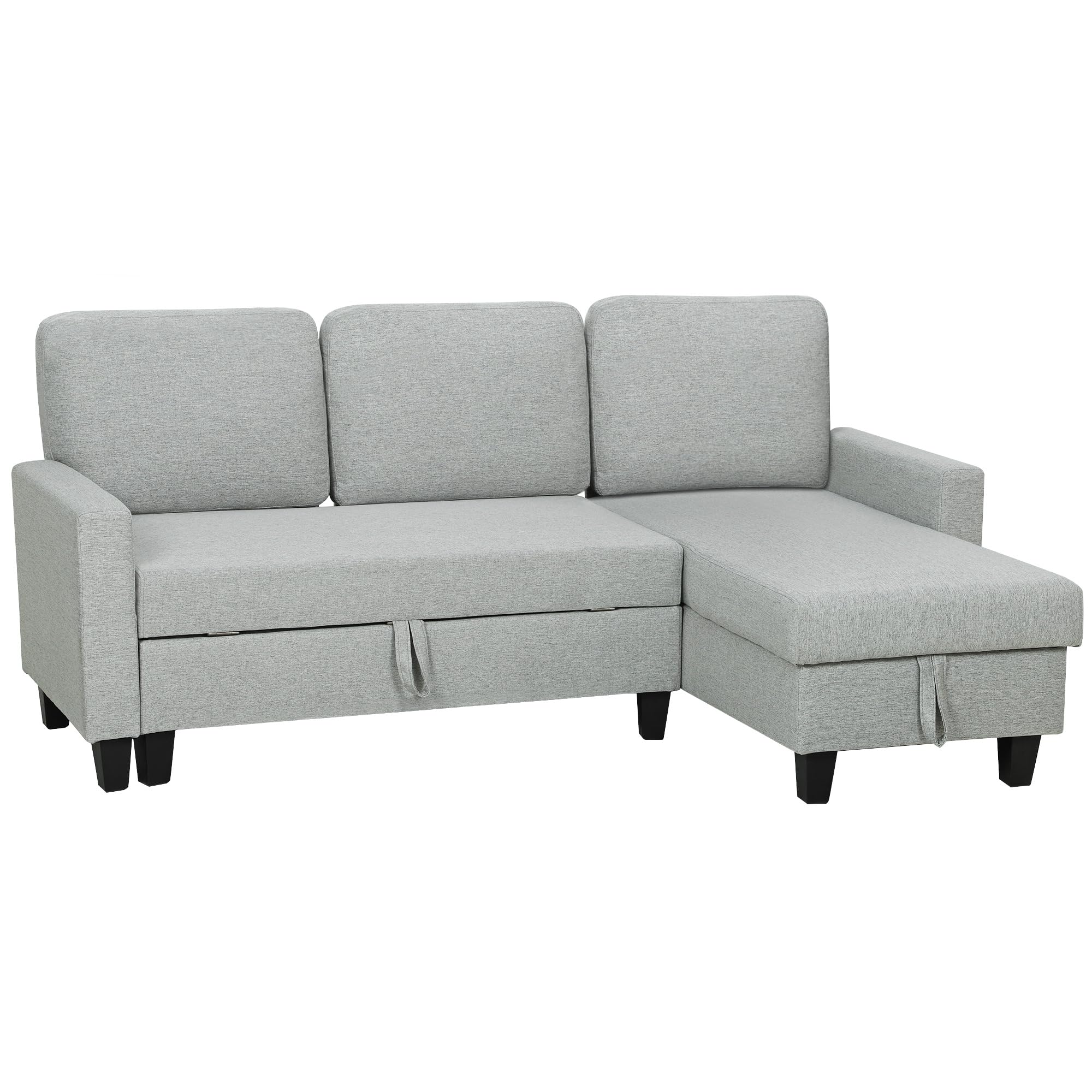 HOMCOM Divano Letto 3 Posti con Chaise Longue Convertibile, Divano Angolare con Vano Portaoggetti, Cuscini Sfoderabili in Tessuto Effetto Lino, per Soggiorno Salotto, 197x129x85 cm, Grigio Chiaro