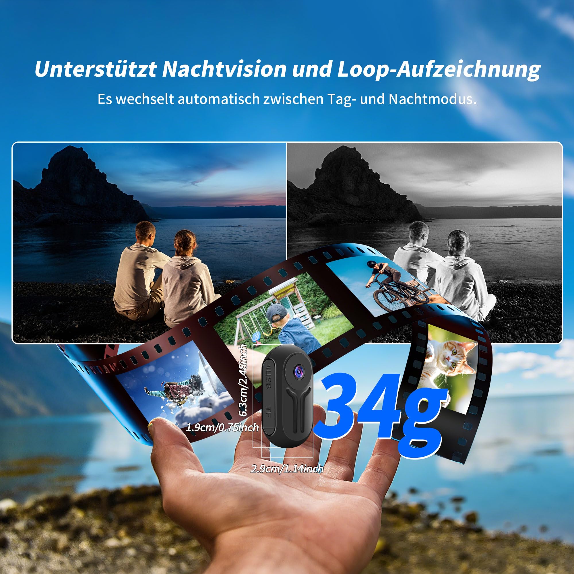 Mini Action Cam, 1080P Wearable Action Kamera, Bodycam Körperkamera, Motorrad Sportkamera mit Multifunctional Accessories, Mini POV Camera, Actioncam für Abenteuer