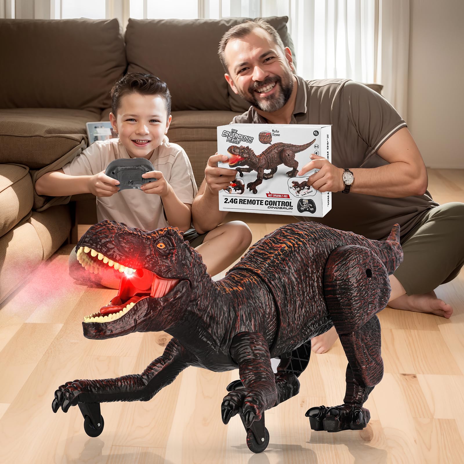 Zabawka dinozaur dla dzieci, zdalnie sterowane dinozaury 2,4 GHz ze sprayem, rykiem, światłem, interaktywne roboty RC Dino z możliwością ładowania Prezent dla chłopców, dziewczynek w wieku 6+ lat