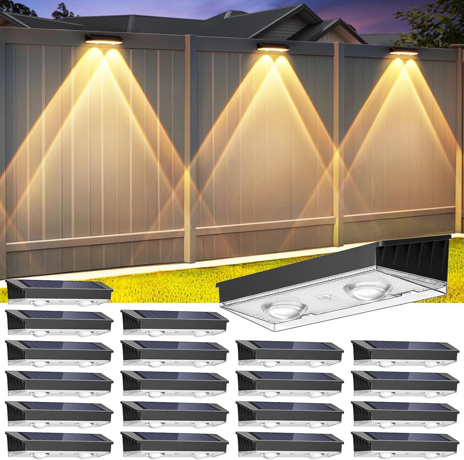 Solar Fence Lights Outdoor, 20 Pack Warm/Neutual/Cool White Fence Lights Solar Powered with 2 LED, IP65 Waterproof, Deck Lighting for Backyard, Patio, Wall, Railing, Pool, Stair