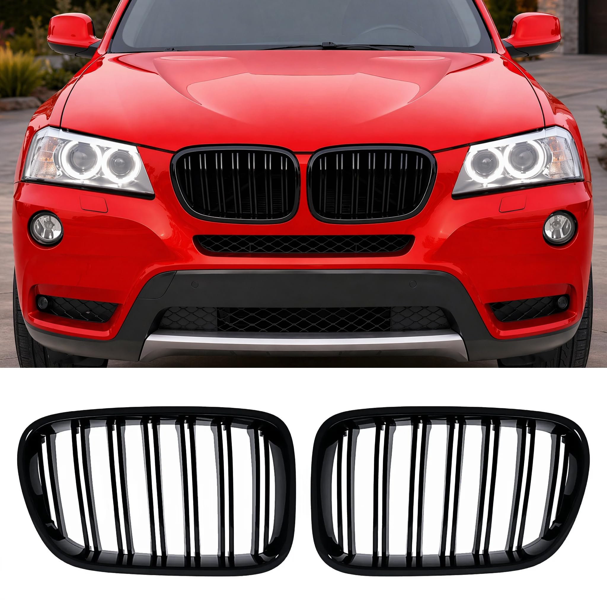 Kühlergrille für BMW X3 F25 Nieren 2010 2011 2012 2013 PRE Glanz Schwarzer Doppelsteg aus ABS Material(For F25 2010-2013 PRE)