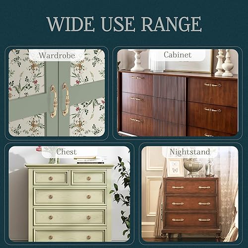 Miniatura 3 de CcHhyyt Paquete de 2 tiradores de latón de 3-34 pulgadas con patrón floral antiguo, tiradores de cajón de latón macizo, accesorios de cocina,