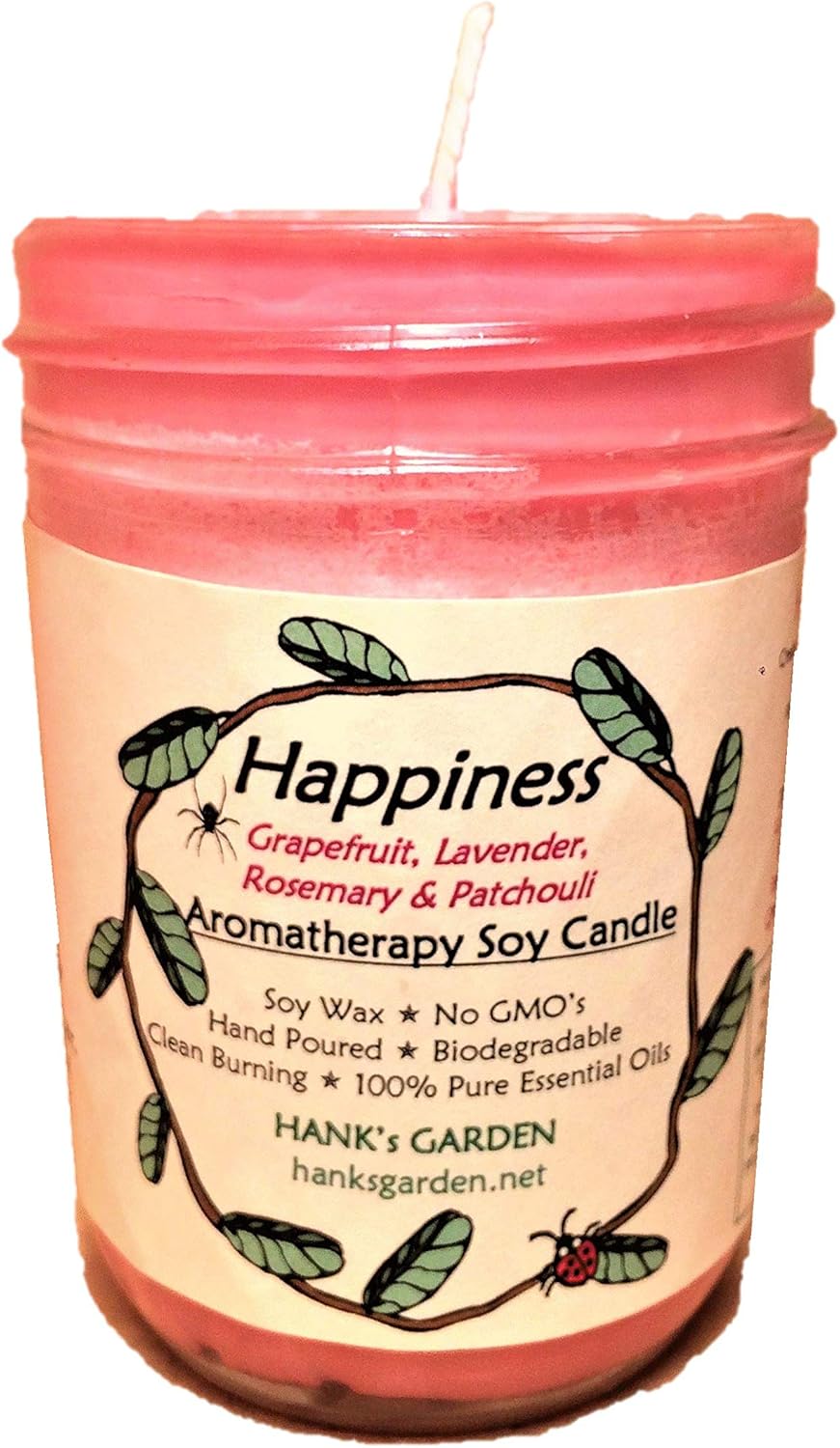 Happiness Aromatherapy Soy Candle - Lavender, Grapefruit, Rosemary, Patchouli Essential Oils - Biodegradable, Earth Friendly, Natural Dyes/Wicks, Clean Burn, No Soot, Hand Poured (Medium Jar - 8 oz)