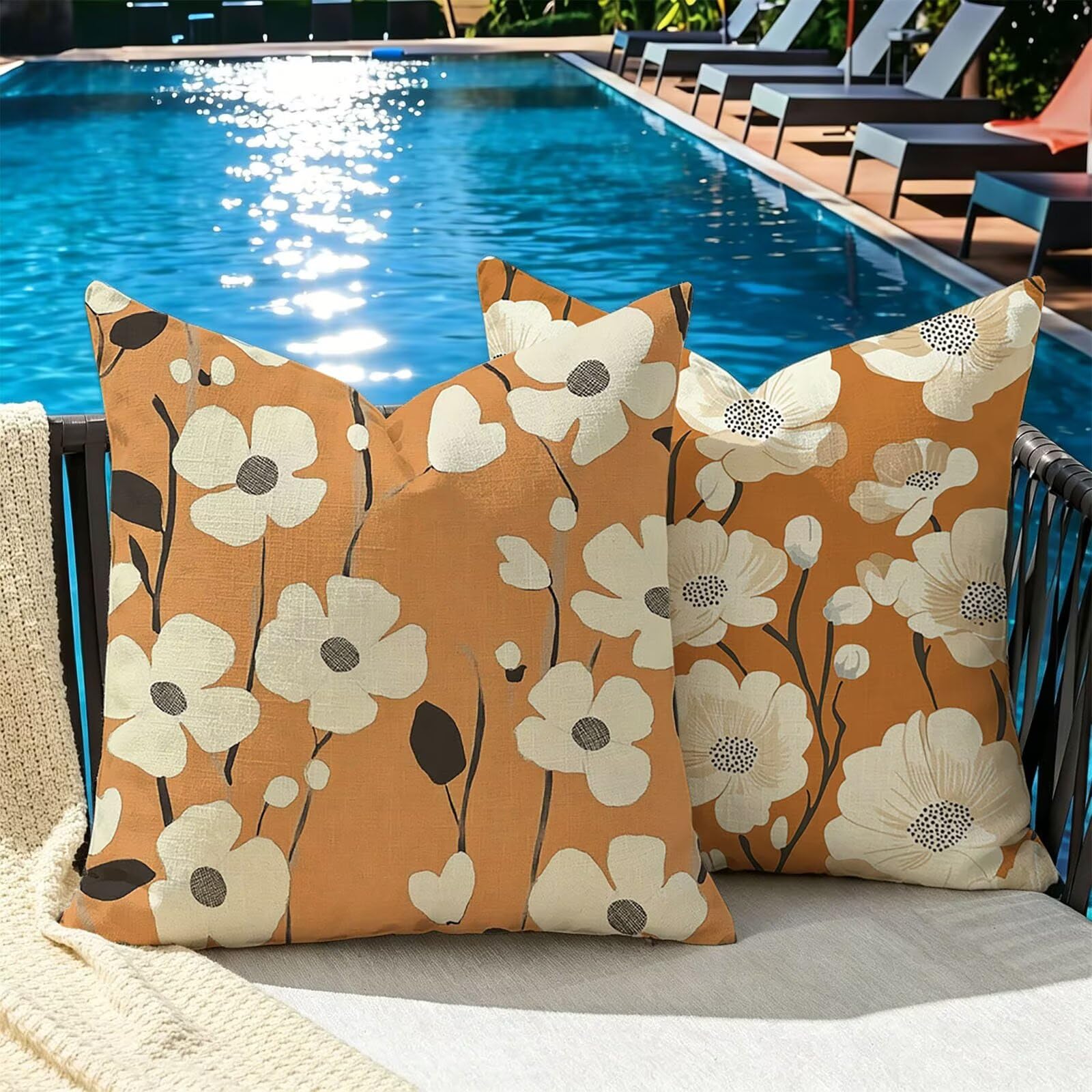 Kissenbezug 65x65cm Outdoor Kissen 2er Set orange Farbe Blume Samt
