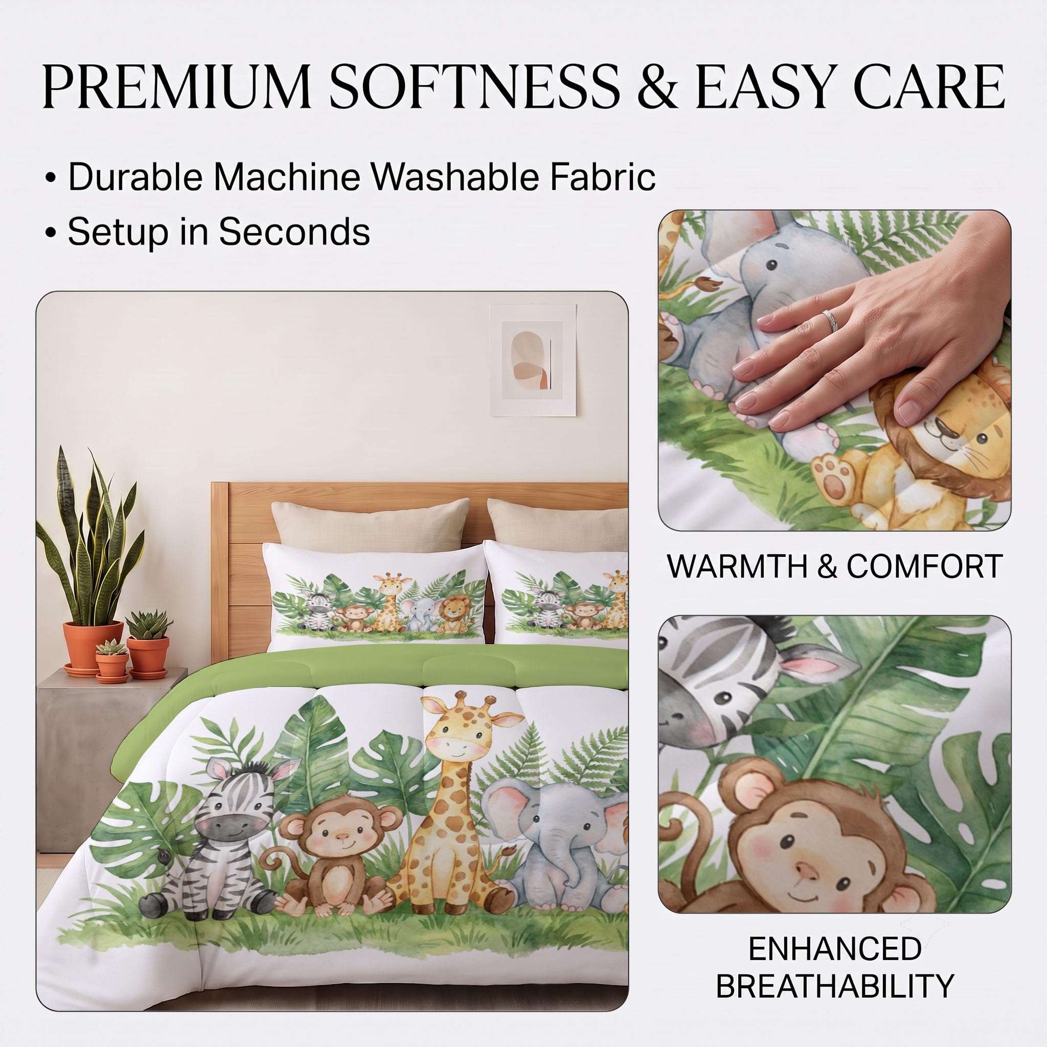 Piumone 2-In-1 Letto Matrimoniale 240X220 Cm Foresta Degli Animali Ad Acquerello | Trapunta E Piumino Reversibile 4 Stagioni, Giraffa Carina Leone, Copriletto Lavabile Morbido Leggero, Verde Salvia