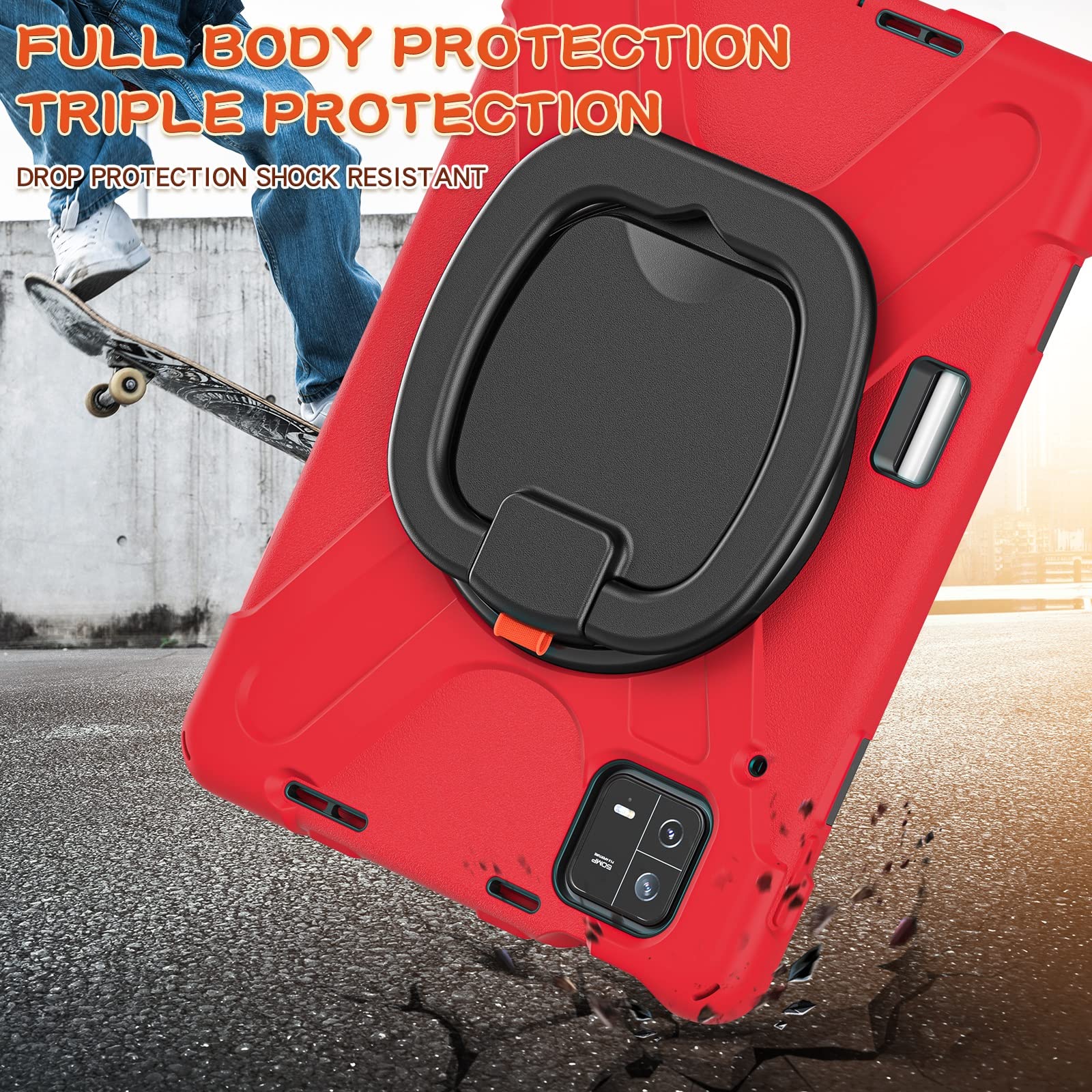 Etui kompatybilne z Xiaomi Pad 6/Pad 6 Pro 11 cali 2023 wydane, wytrzymałe etui dziecięce TPU odporne na wstrząsy, obrotowy uchwyt wielofunkcyjny 360 stopni + pasek ramię wytrzymała obudowa(Rosso)