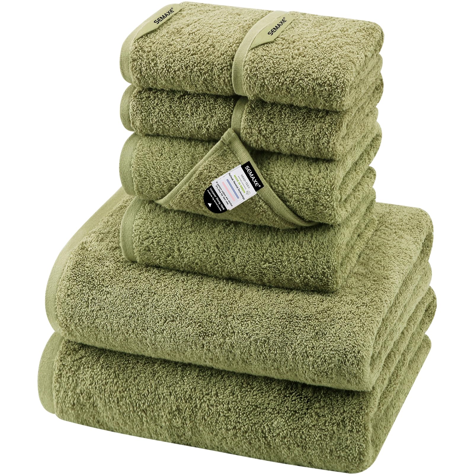 SEMAXE Juego de toallas verdes con trabillas para colgar y etiquetas inteligentes, 2 toallas de baño, 2 toallas de mano y 4 paños, toallas 100% algodón para baño, toallas absorbentes de calidad de spa