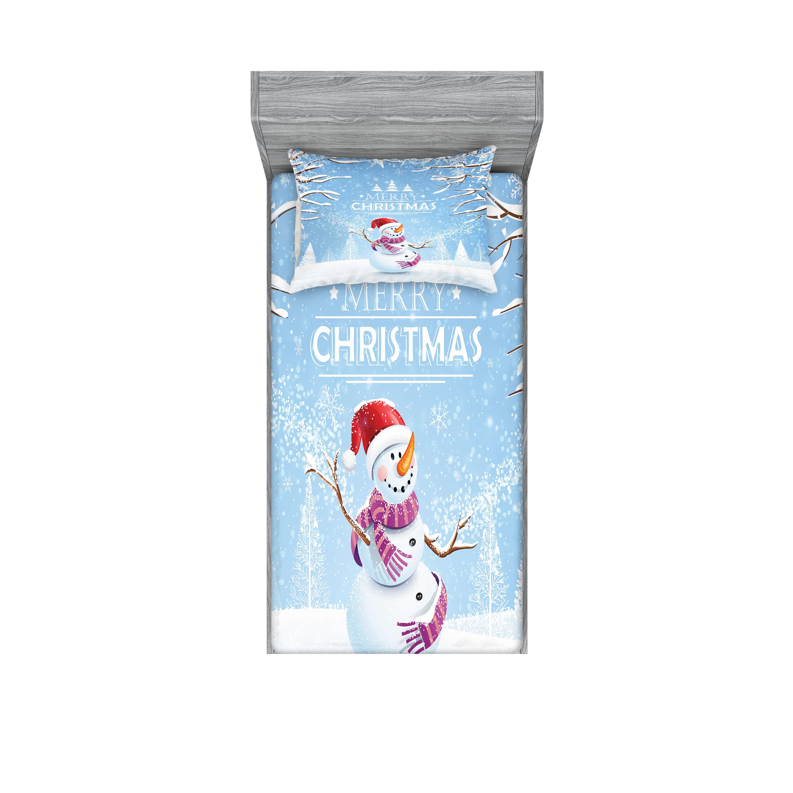 Ambesonne Christmas Fitted Sheet & Pillow Sham Set, Snowman in a Snowy Winter Day with Xmas Hat Frosty Noel Theme, Decorative Printed 2 Piece Bedding Decor Set, Twin, White Blue