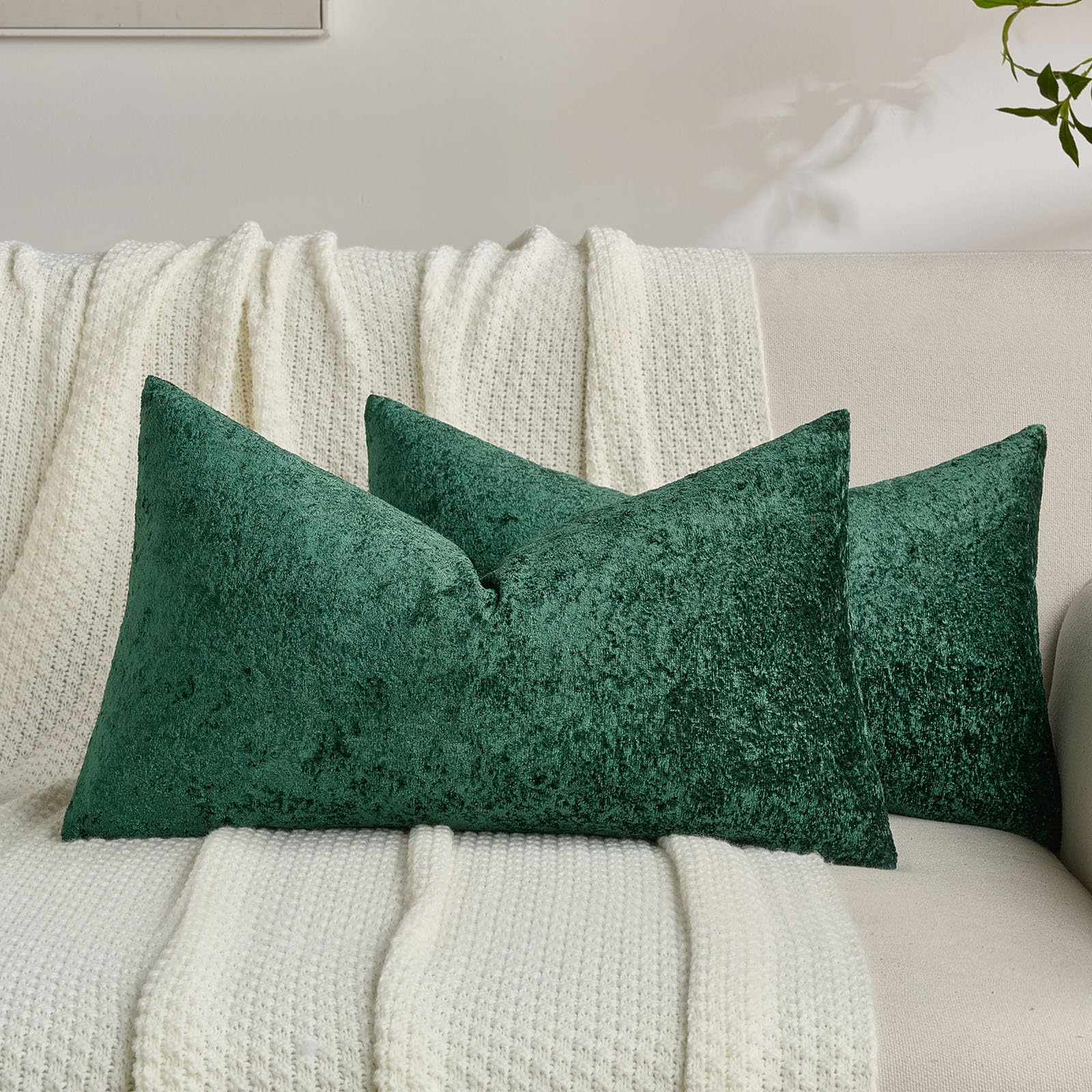 FUTEI Set of 2 Soft Flannel 30x50 cm Cushion Covers Crushed Textured Solid Scatter Pillowcase 30 x 50 cm Modern Accent for Sofa Bedroon Living Room, Dark Green