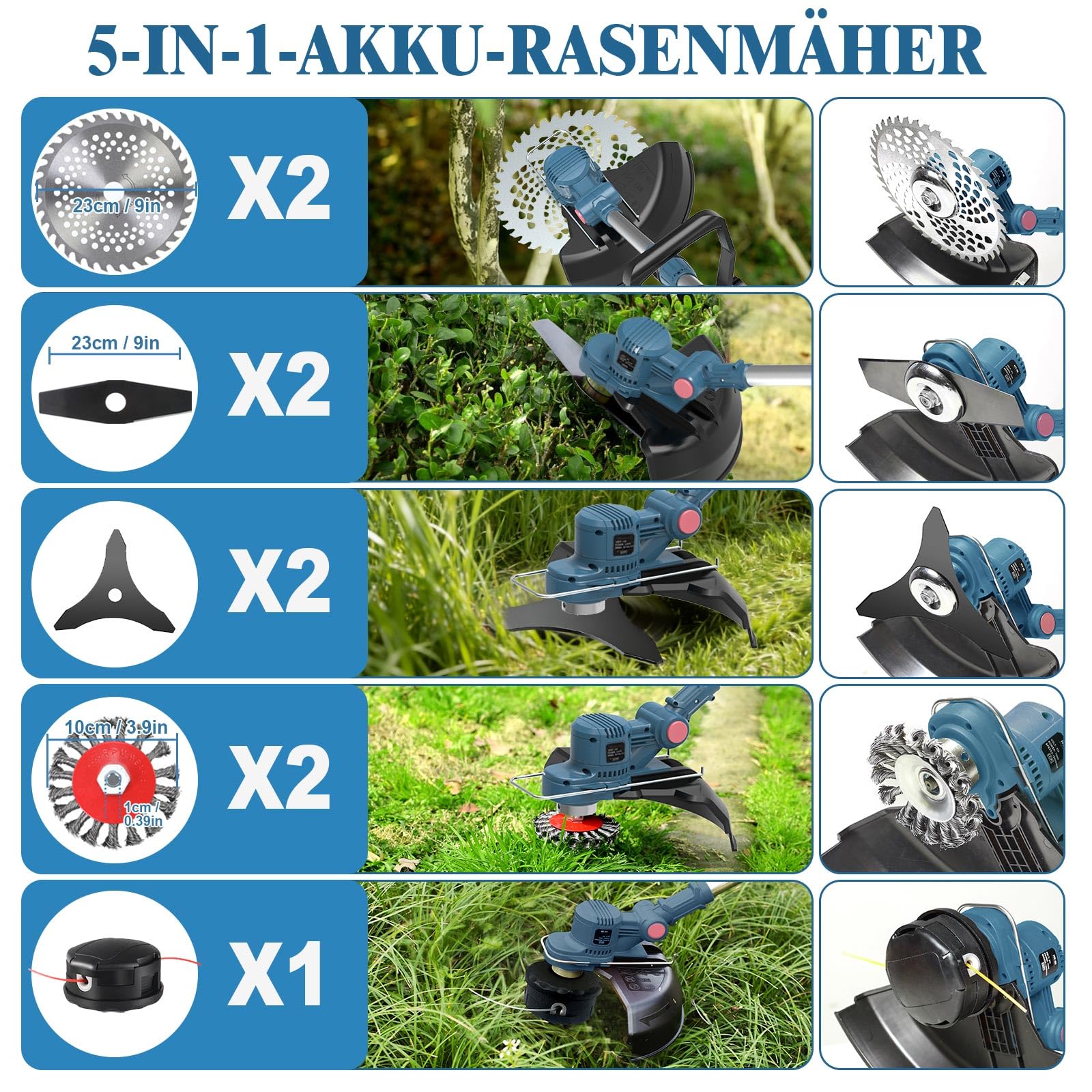 Rasentrimmer mit Akku, Akku Rasentrimmer für Makita-Akkus mit 5 Klingentypen, 21V Rasentrimmer mit Unkrautbürste, mit 2X4.0Ah Akku Freischneider, Tap&Go M10 x 1,25, für Garden Trimmen