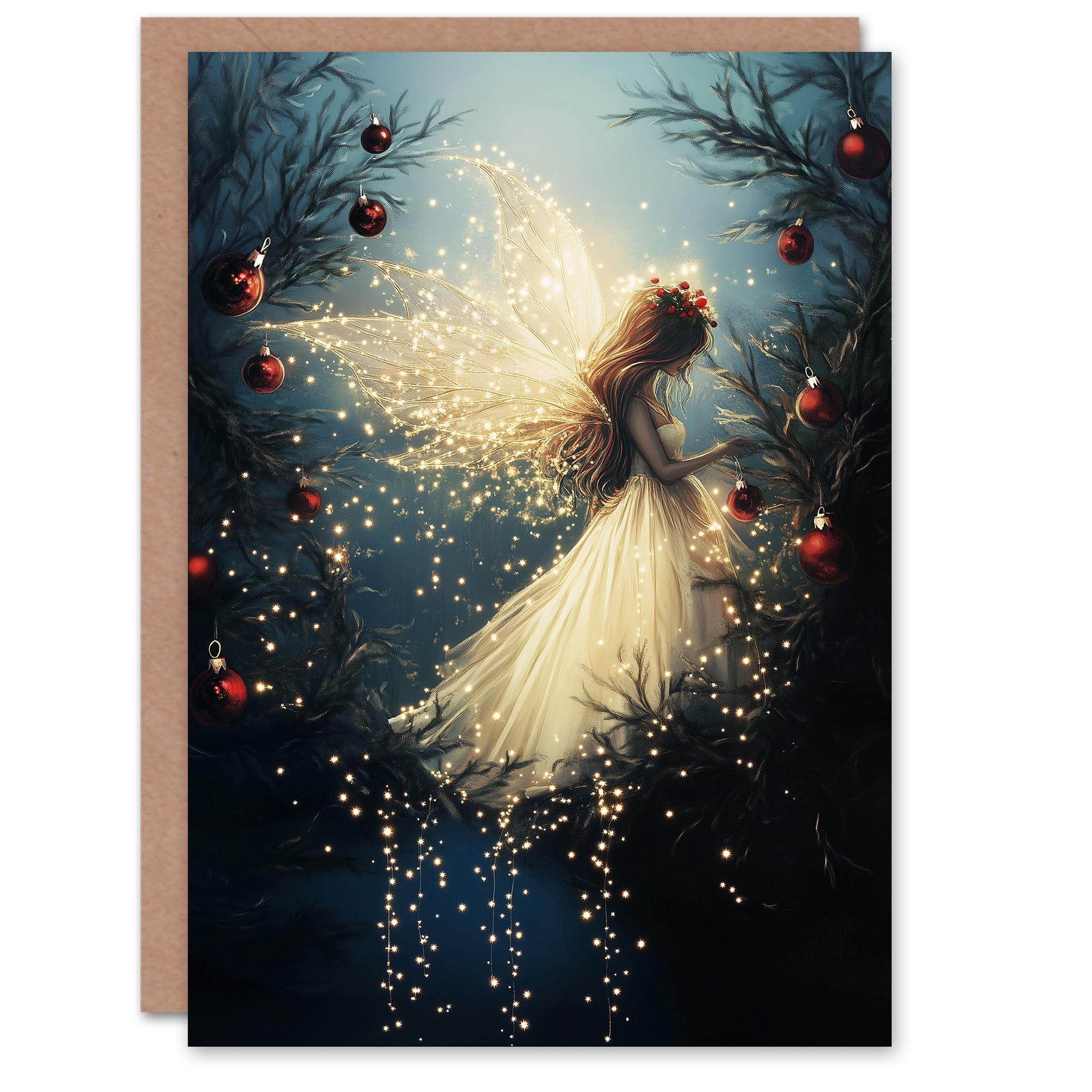 Magical Forest Decorated Tree Fairy String Lights Festive Xmas Christmas Card