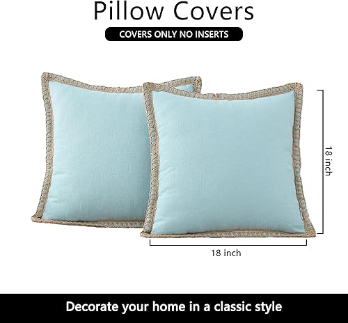 Miniatura 6 de Juego de 2 fundas de almohada decorativas estilo granja  Fundas de cojín decorativas de lino de arpillera con bordes ribeteados y confeccionados