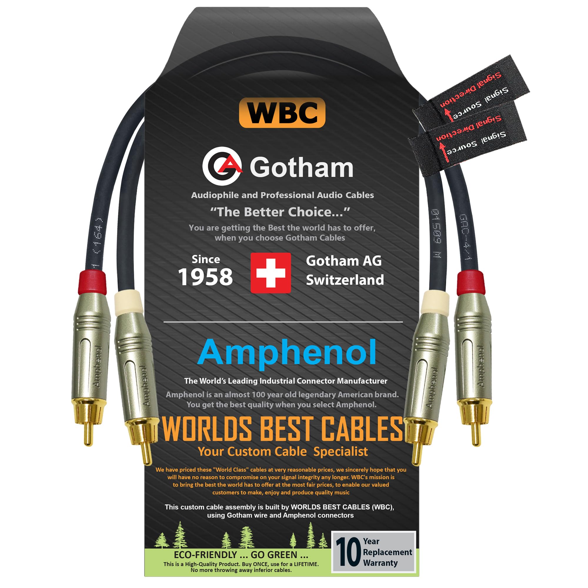 Coppia di cavi RCA da 1 piede – Gotham GAC-4/1 (nero) Star-Quad cavo di interconnessione audio con Amphenol ACPR pressofusi, connettori RCA placcati oro - direzionali