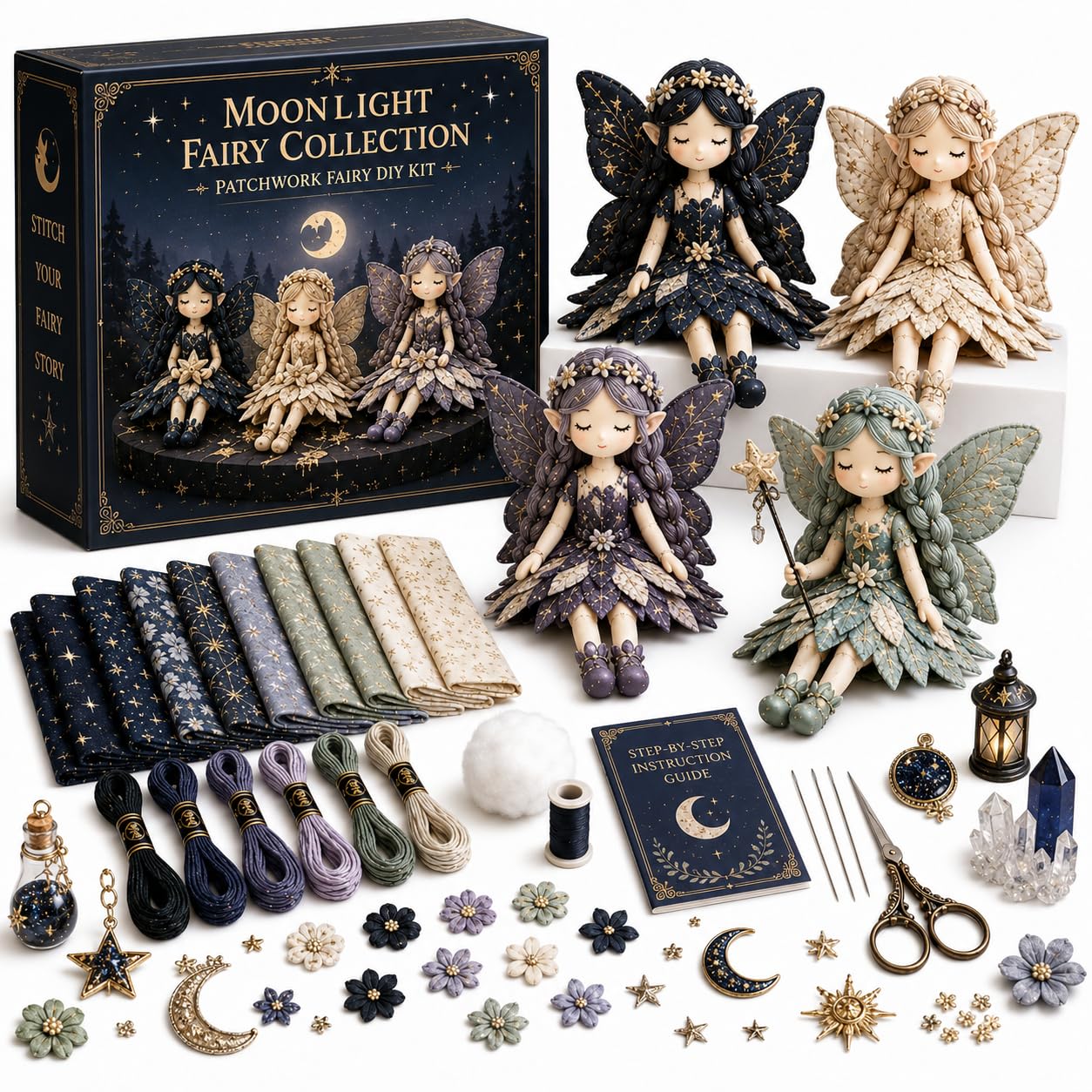 4Pcs Flower Fairy Patchwork Sewing Kit, Fairy Handmade DIY Collection with Pre-Cut Fabric and Instructions, Winged Cloth Doll Craft Kit for Beginners, Creative Sewing Gift and Home Decor (#A)