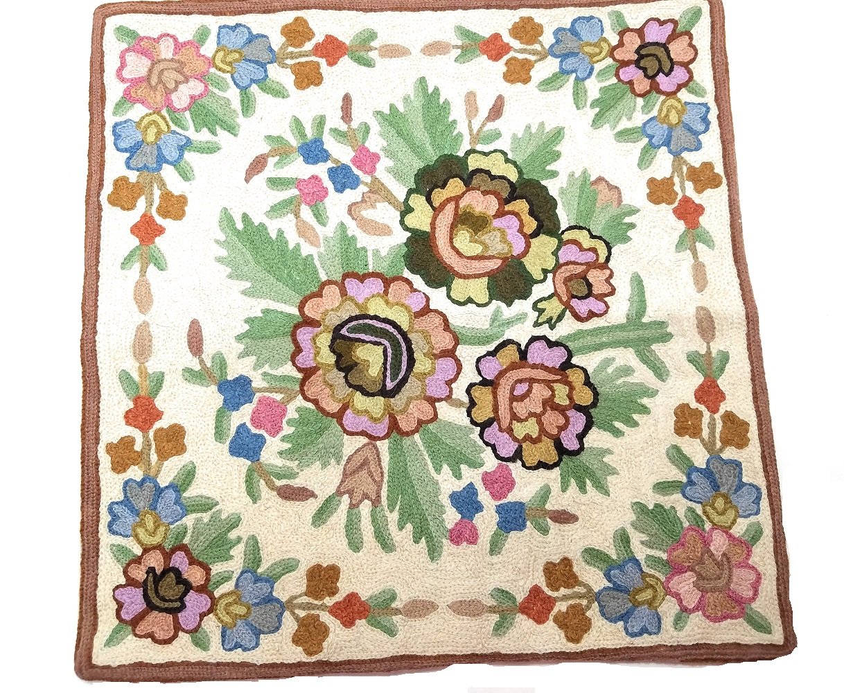 Ayuni Gifts of the World Hand Embroidered Throw Pillow Cushion Cover Wool on Cotton 16" Square (Pastel Floral #5)