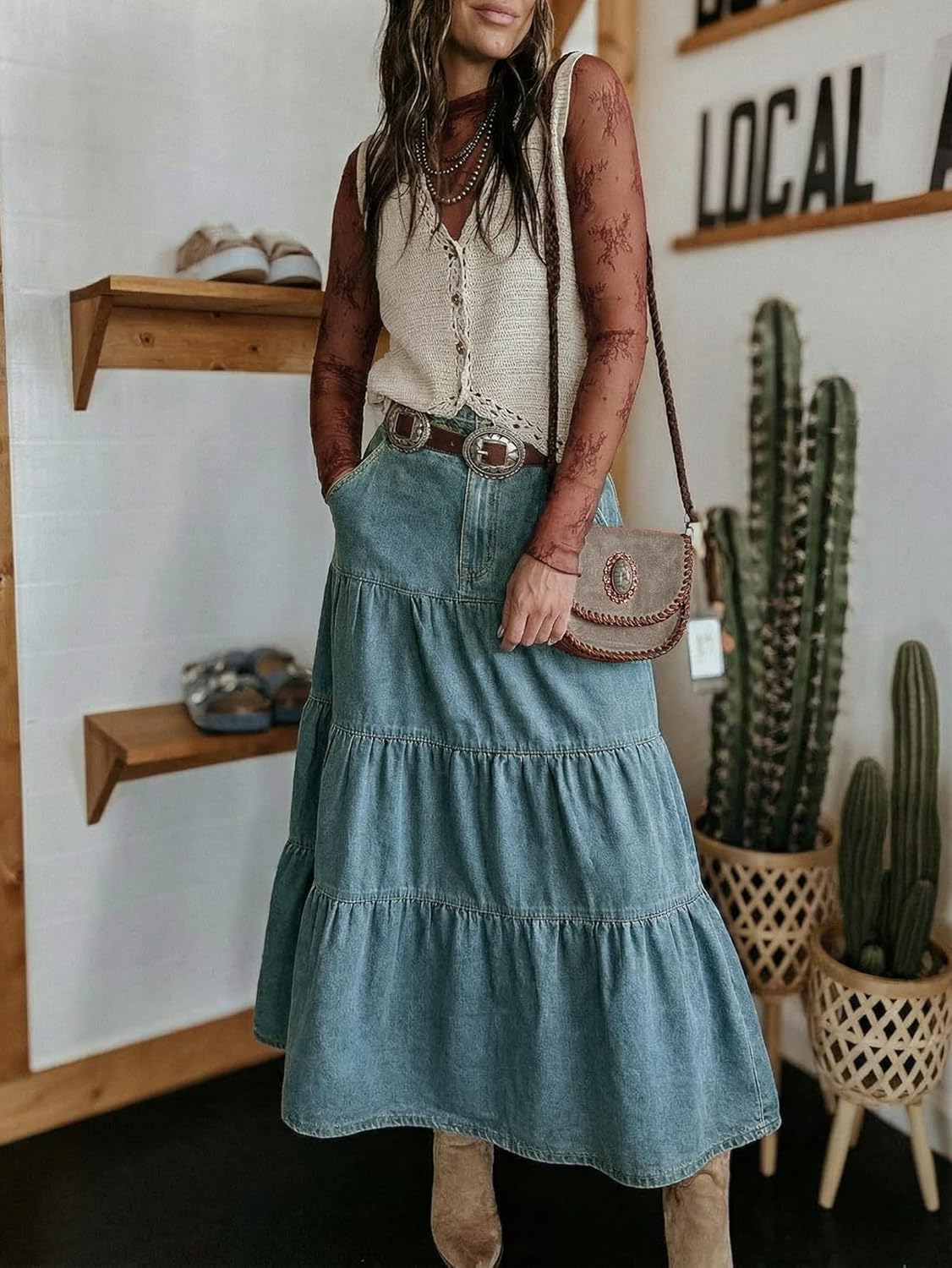 EMMIOL Long Denim Skirt for Women - Mid High Waisted A-Line Jean Maxi Skirts Dark Wash Tiered Swing Jean Skirt with Pockets - Image 4