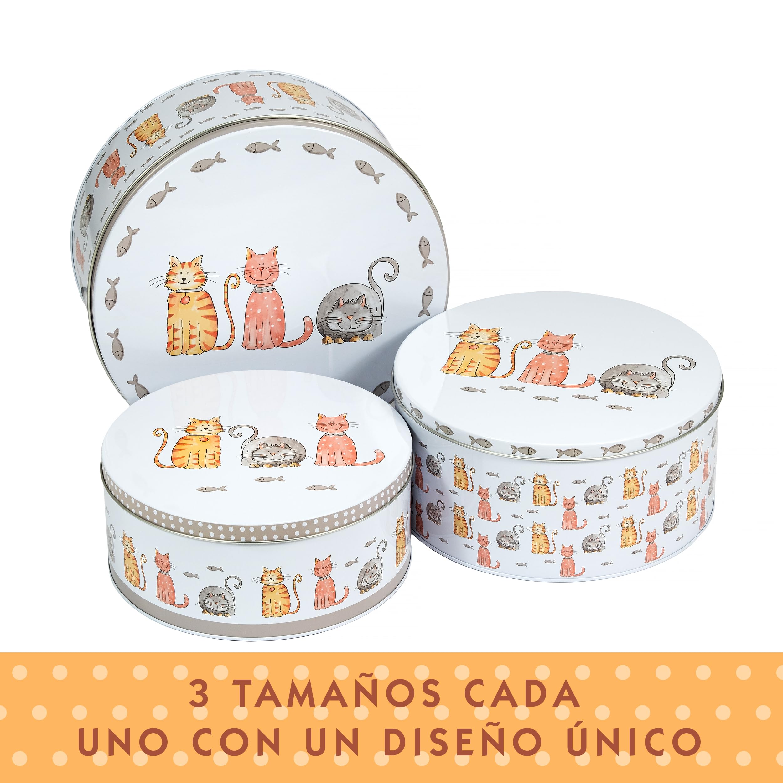 SPOTTED DOG GIFT COMPANY Juego de 3 Latas Almacenamiento para Tartas Redondas, Cajas para Galletas y Pasteles de Metal, Apilables Herméticos, Pequeño 20x9cm, Mediano 22x10cm, Grande 25x11cm - Gatos